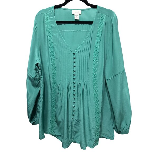 Soft Surroundings Size L Green Button-Down Top W/ Lace & Pintucks 100% Silk - Picture 1 of 8
